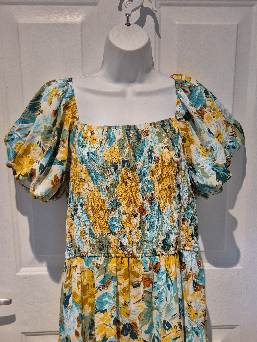 Pretty Garden Floral Puff-Sleeve Tiered Smocked Dress in Teal & Mustard. NWT